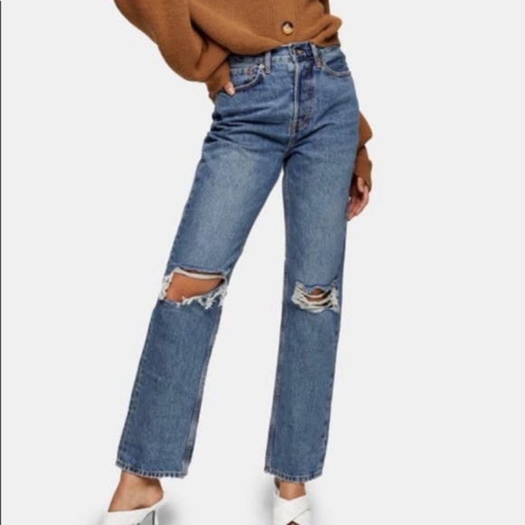TOPSHOP Mid Rise Ripped Dad Jeans - Blue see description - Picture 2 of 8